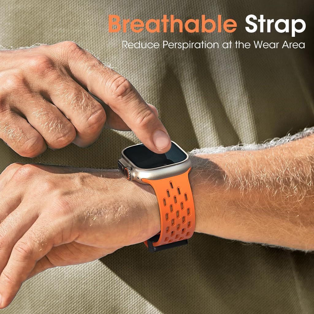 ZORBES Watch Band 42mm Universal Watch Strap for Apple Watch 42mm/44mm/45mm/49mm Fashion Silicone Breathable Sport Wristwatch Band Adjustable Magnet Clasp Watch Band, 2pcs, Black & Orange ZORBES Watch Band 42mm Universal Watch Strap for Apple Watch 42mm/44mm/45mm/49mm Fashion Silicone Breathable Sport Wristwatch Band Adjustable Magnet Clasp Watch Band, 2pcs, Black & Orange